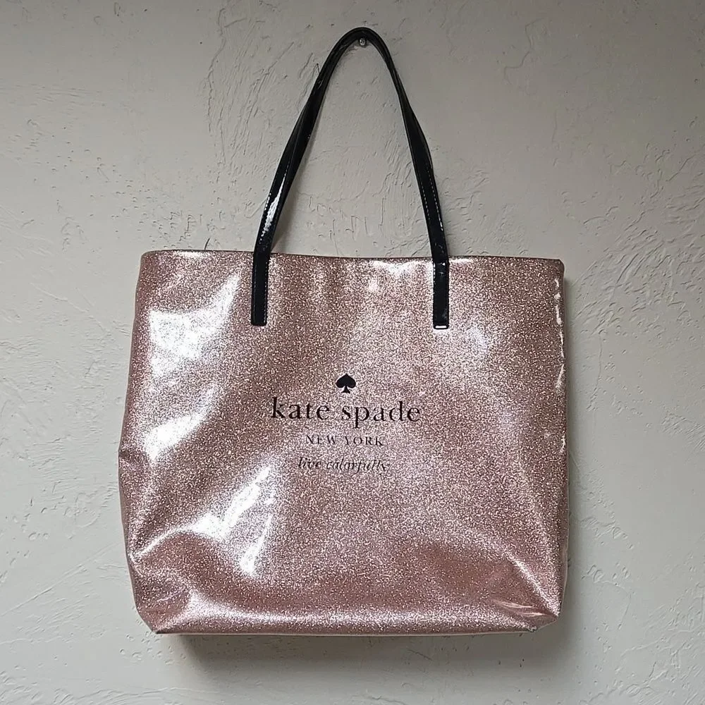 KATE SPADE NewYork/Rose Colored Glittered Tote with Black Handles and Accent